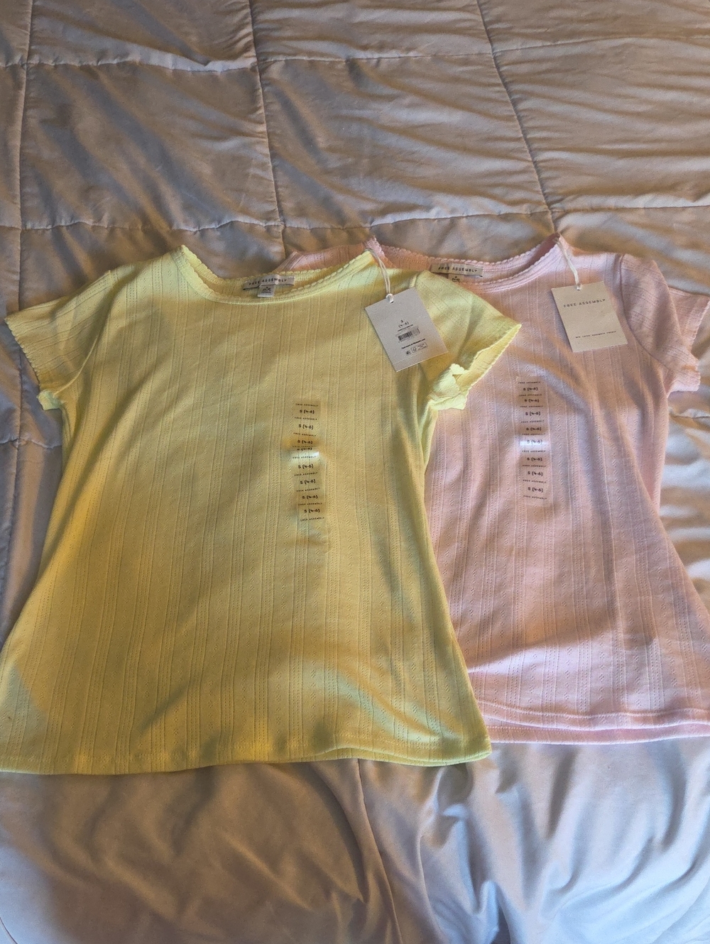 Ribbed Short Sleeve Tops - Yellow & Light Pink